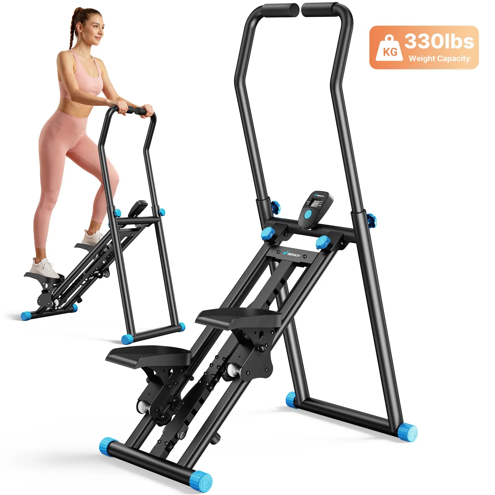 Merach Stair Stepper with Handlebar - Full-Body Workout Machine, 330 lbs Capacity, Compact Cardio Climber with Adjustable Pedals for Home Gym Use