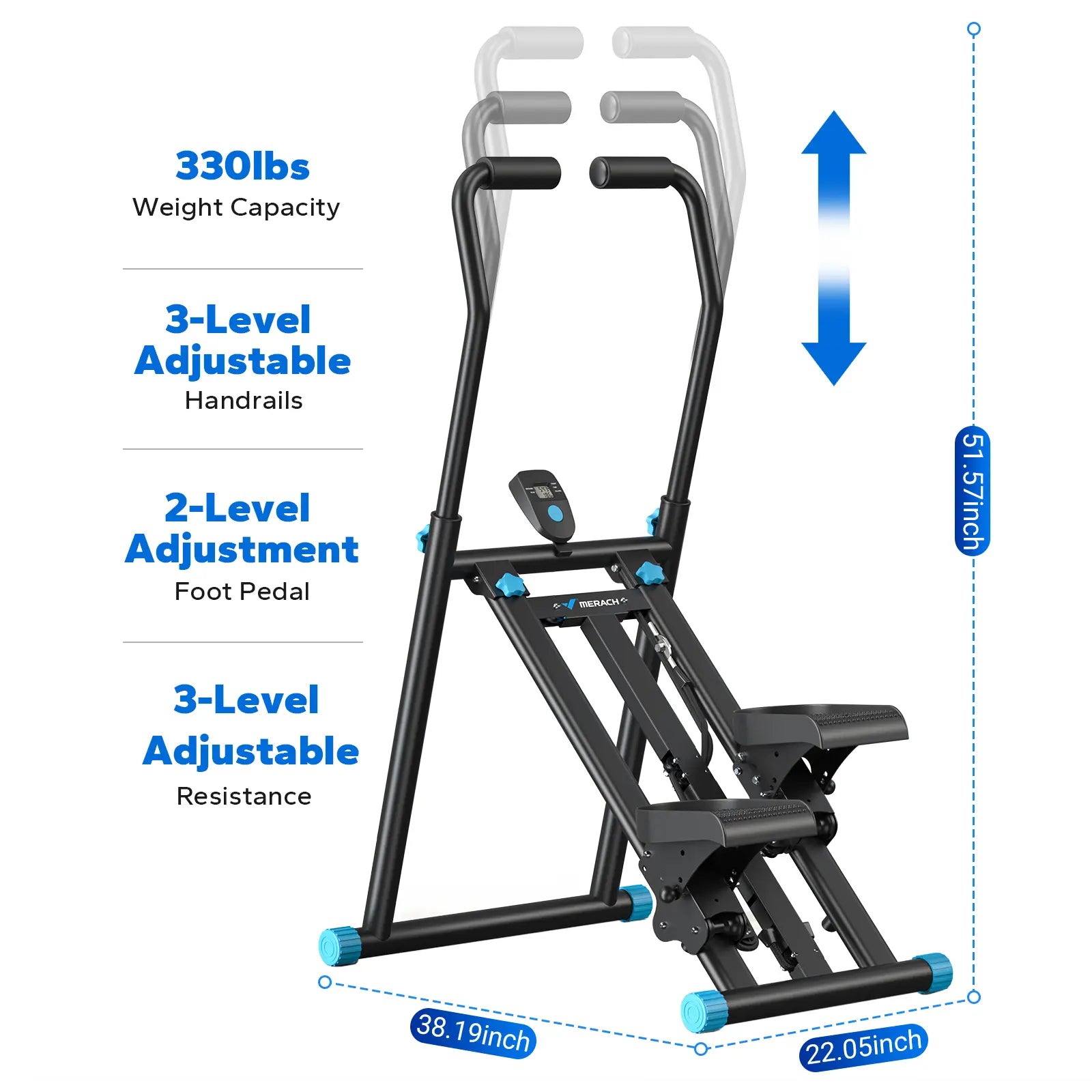 Merach Stair Stepper with Handlebar - Full-Body Workout Machine, 330 lbs Capacity, Compact Cardio Climber with Adjustable Pedals for Home Gym Use