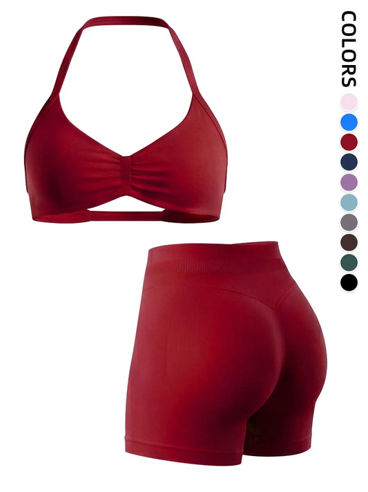 Seamless 2-Piece Sports Bra and High-Waisted Yoga Shorts Set for Women, Activewear Fitness Outfit